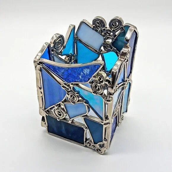 Blue Stained Glass Silver Swirl Candle Holder